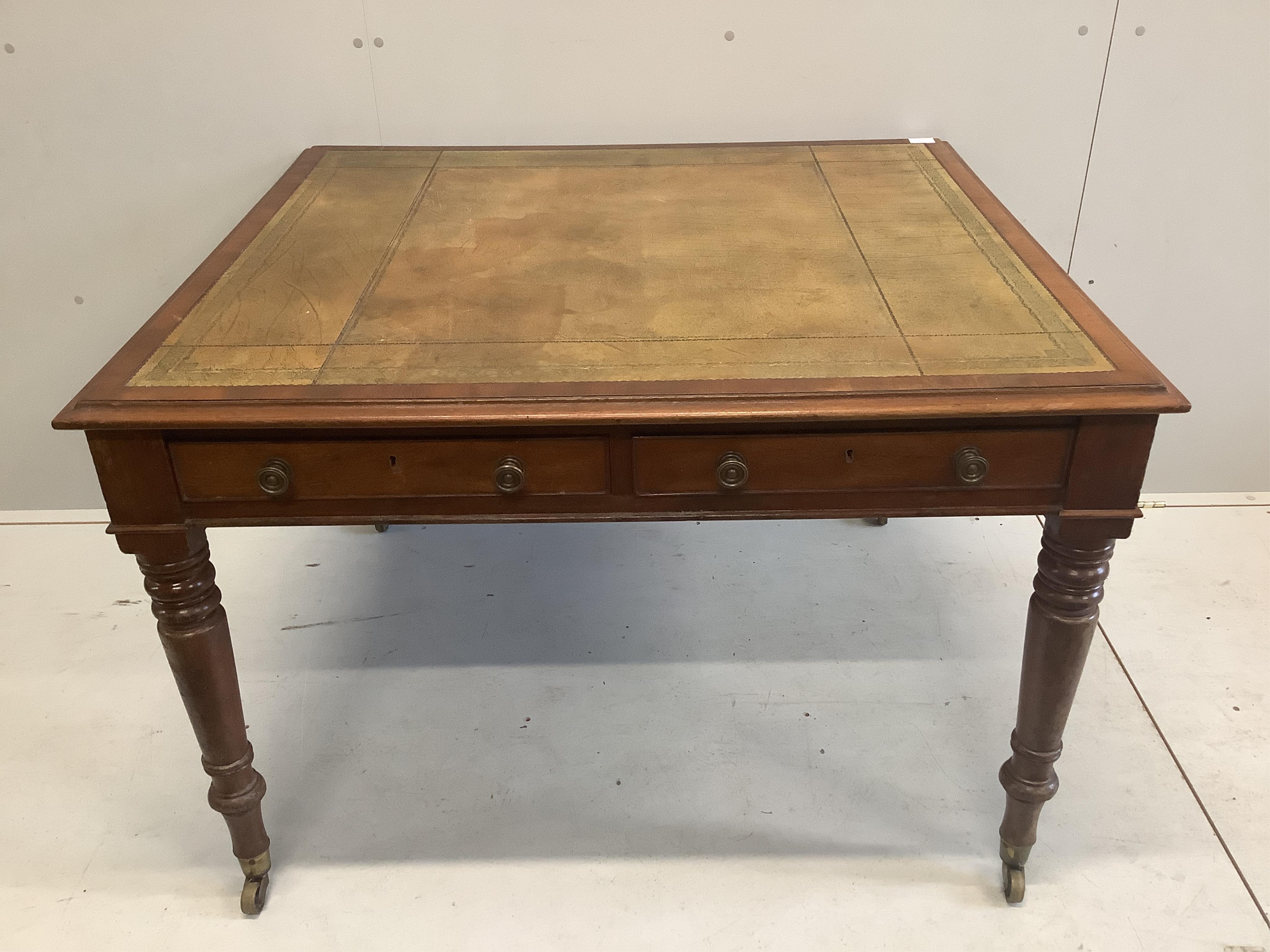 A Victorian mahogany partner's writing table, width 110cm, depth 100cm, height 72cm. Condition - fair